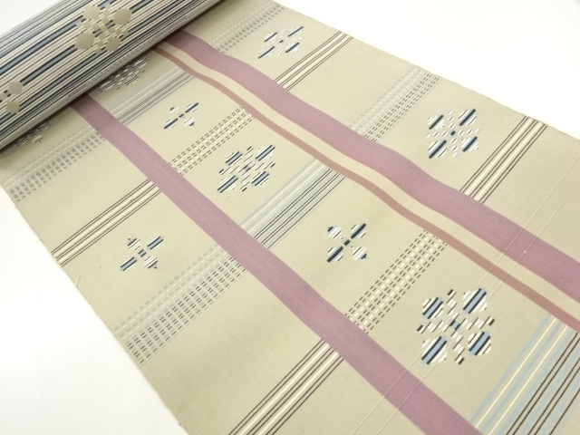 JAPANESE KIMONO / ANTIQUE BOLT FOR HASSUN OBI / WOVEN STRIPE & FLOWERS